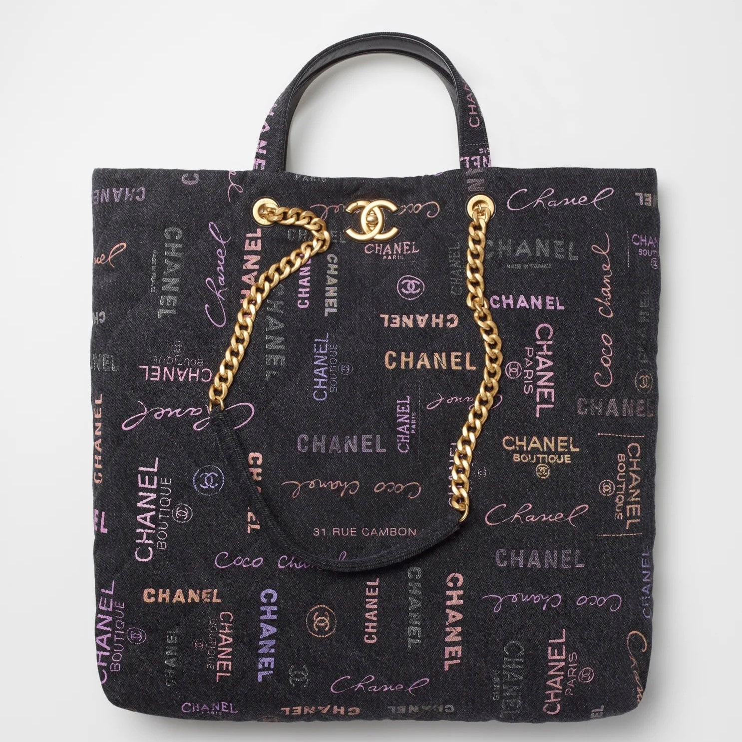 Chanel Printed Denim Black Multicolor Maxi Shopping Bag