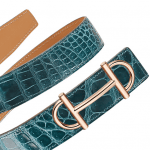 Hermes Mallard Blue Porosus Crocodile Rose Gold Gamma 32 Belt